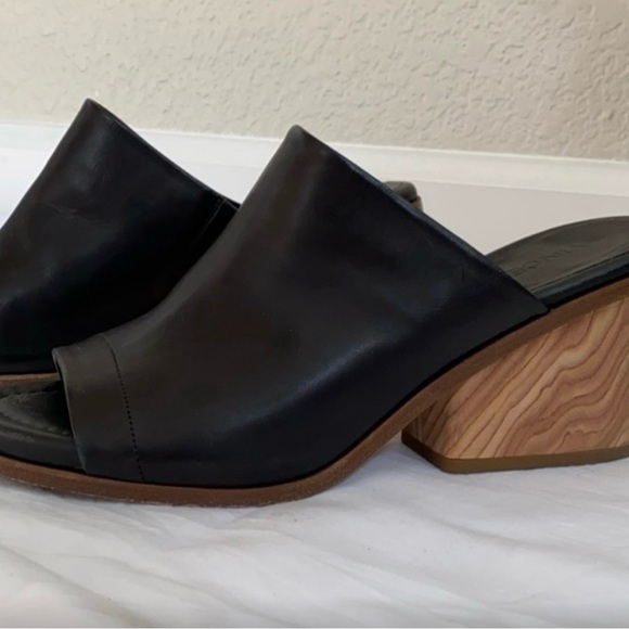 Vince Black Leather Mules Slip On Sandals Natural Wood Wedge Heels US7.5 - Picture 2 of 12